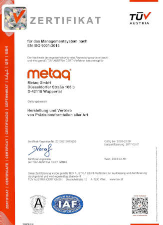 Zertifikat für das Managementsystem nach EN ISO 9001:2015 Qualitätsmanagement